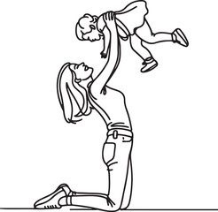 Playful Motherhood Line Drawing – Raising Child in Air