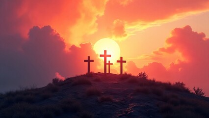 Fototapeta premium A sunset with three crosses on top of a hill.