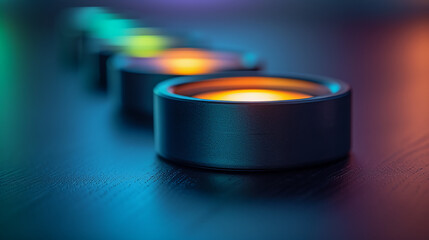 Illuminating Round Lights Displayed in a Row with Vibrant Neon Glow