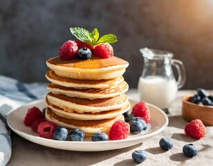 Fluffy buttermilk pancakes with maple syrup and berries, stacked high for cozy morning breakfast themes