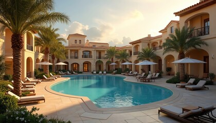 Luxury hotel swimming pool at sunset on Cyprus island. Tropical resort with turquoise water, palm trees, sunbeds, umbrellas. Vacation, travel, relaxation in sunny paradise. Architecture of villa