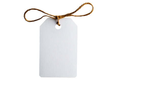 White tag with string on black background, close-up, copy space, cut out transparent