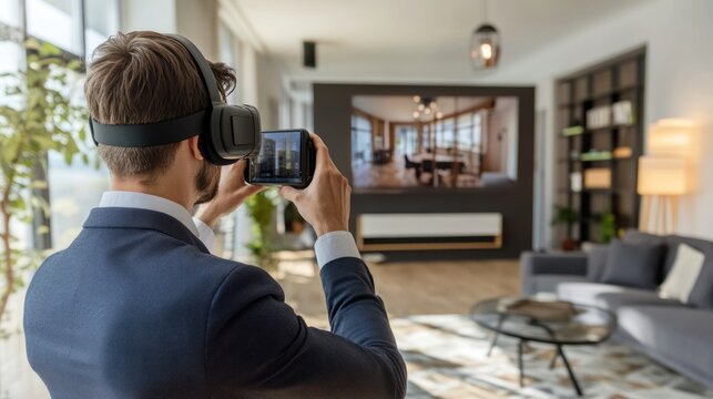 Engaged professional explores property prospects via cutting-edge virtual reality technology