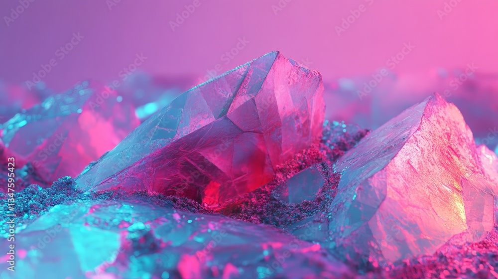 Poster illuminated blue and pink polygonal shapes come together to form a 3d banner on a modern surface wit