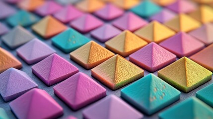 Multicolored 3D wallpaper featuring a modern surface adorned with triangular pyramids and polygonal patterns
