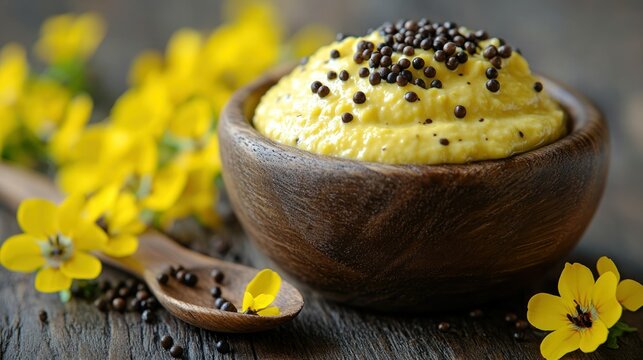 Yellow Mustard Dip in Wooden Bowl with Flowers