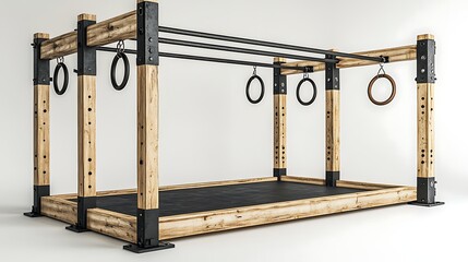 Rustic Wooden Gymnastic Rig with Black Rings and Platform