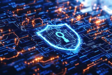 Digital shield, data protection, network security, glowing circuits, cyber safety