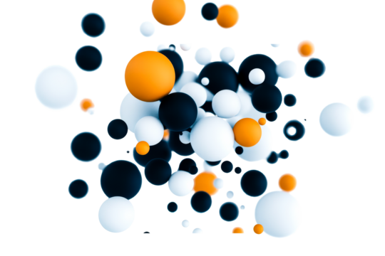 Abstract floating spheres in orange, white, black, rendering, cut out transparent