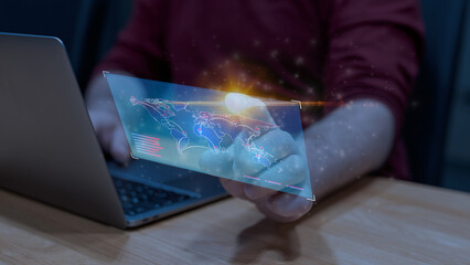 Futuristic Digital World Map with Global Connectivity and Data Visualization