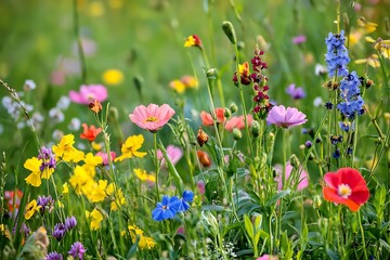 Fototapeta premium realistics grassland wildflowers project a fresh and wild grace depicting a huge span of thriving blossoms drifting gently with breeze holding meadow’s lively soul 