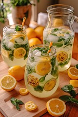 Mojito cocktail with fresh lemon, mint and ice. Summer trendy cold drinks concept. Front view.