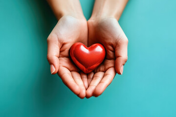 Obraz premium Person holding a red heart close to chest, feeling love and affection.