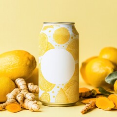 Aluminum can mockup with lemon and ginger design.