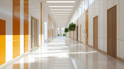 Obraz premium Bright Empty Hospital Corridor With Orange Accents