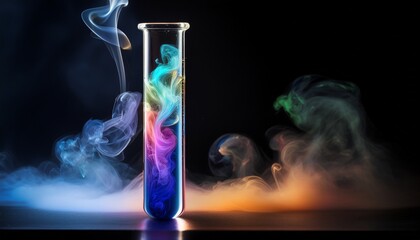 Test tube filled with swirling smoke illuminated by beams of colored light — a dramatic, atmospheric scientific visual perfect for chemistry, VFX, sci-fi, and experimental design themes.
