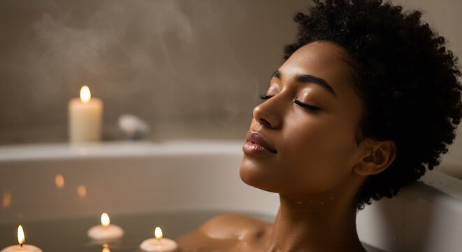 Serene Black Woman Relaxing in a Luxurious Bubble Bath with Lit Candles, Enjoying Aromatherapy and Self-Care