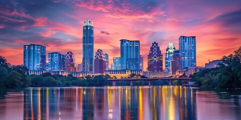 Obraz premium Stunning Austin, Texas Skyline During Sunset, Showcasing the City's Modern Architecture Against a Beautiful Golden Hour Sky