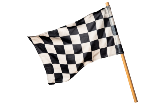 Chequered flag waving in the wind on black background, cut out transparent
