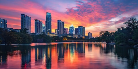 Stunning Austin, Texas Skyline During Sunset, Showcasing the City's Modern Architecture Against a Beautiful Golden Hour Sky