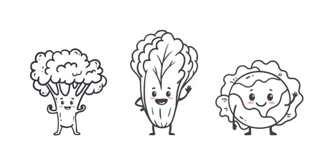 set of cartoon vegetable characters isolated on white. Broccoli, chinese cabbage, cabbage. Funny vegetable in doodle style. Vector illustration