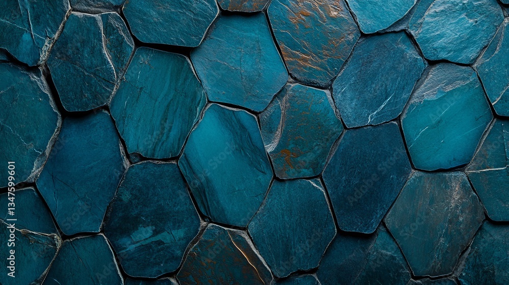 Poster textured tiles are arranged to form a polished wall, complemented by a 3d, hexagonal background cons