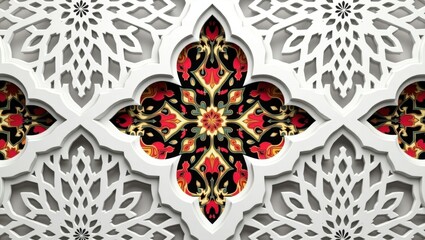 Intricate white lattice design revealing vibrant traditional patterns in red, gold, and green
