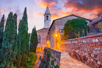 Pienza, Italy. Beautiful cathedral and Via del Casello, charming small town in Tuscany.