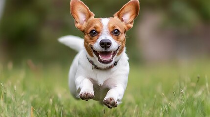 National Pet Day, Happy Jack Russell Terrier Puppy Running in Green Grass Joyful Dog