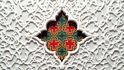 Intricate white lattice design revealing vibrant traditional patterns in red, gold, and green