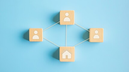 A wooden block with a home symbol, set against a blue background, is used in a 3D render to represent Internet Technology Concept, with white strings signifying user network connections