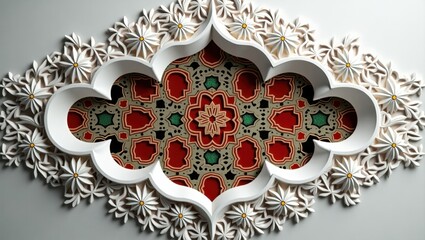 Intricate white lattice design revealing vibrant traditional patterns in red, gold, and green