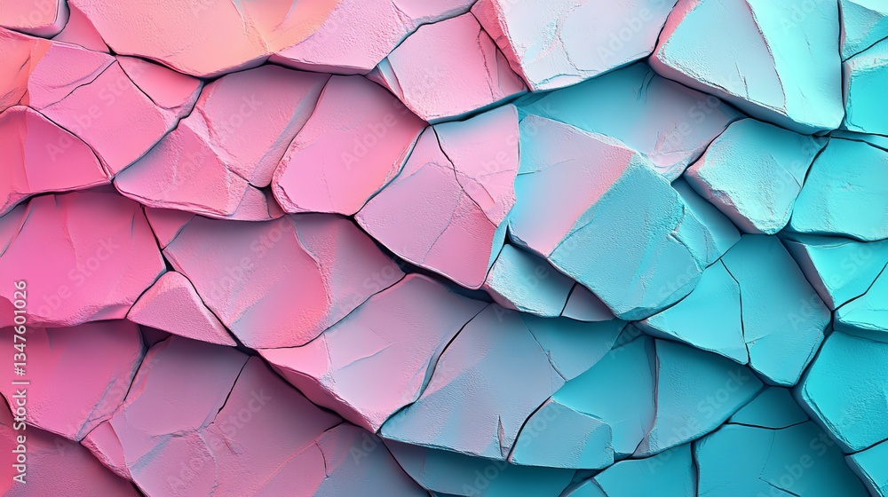 Poster illuminated blue and pink hues accentuate a 3d polygonal texture on a futuristic surface covered in 
