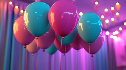 The image is a 3D render of contemporary party wallpaper adorned with blue, purple, and turquoise balloons