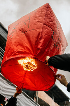 Close-up of a red Chinese lantern being released in Taiwan