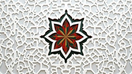 Intricate white lattice design revealing vibrant traditional patterns in red, gold, and green