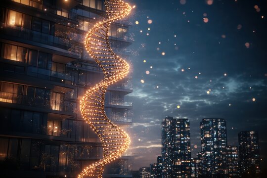 DNA helix lights illuminate city night building