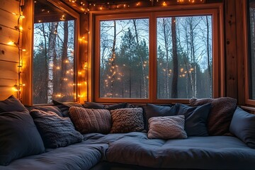 Fototapeta premium Dark bedroom with bed and large windows overlooking the rainy night forest