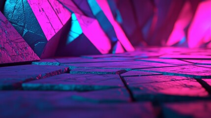 Naklejka premium This colorful, high-tech 3D wallpaper presents an illuminated abstract surface, where blue and pink tones converge with intricate tetrahedrons