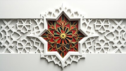Abstract Islamic art with symmetrical cut-out elements and colorful contrast