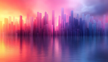 Vibrant city skyline reflected in calm water at sunset, showcasing colorful skyscrapers and a peaceful atmosphere