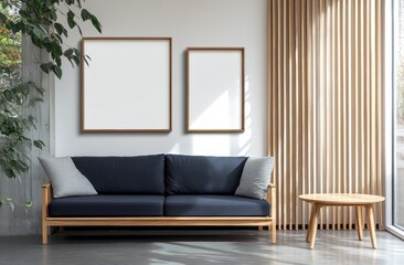 Modern living room with two framed prints, sofa, and wooden accents