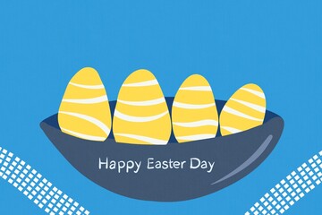 Colorful striped Easter eggs in blue bowl background