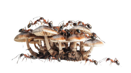 Ants walking on mushrooms on transparent background