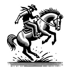 Cowboy Riding Bucking Stallion, Retro Classic Timeless Style Vector Illustration