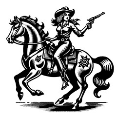 Fototapeta premium Pinup Tattoo Style Cowgirl Riding Horse, Retro Vector Illustration, Scalable to any Size