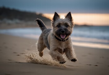 Cairn terrier dog running happy on the shores of the ocean, small doggy playing around on the sand of a beach, during a beautiful sunset, blue hour neat the sea