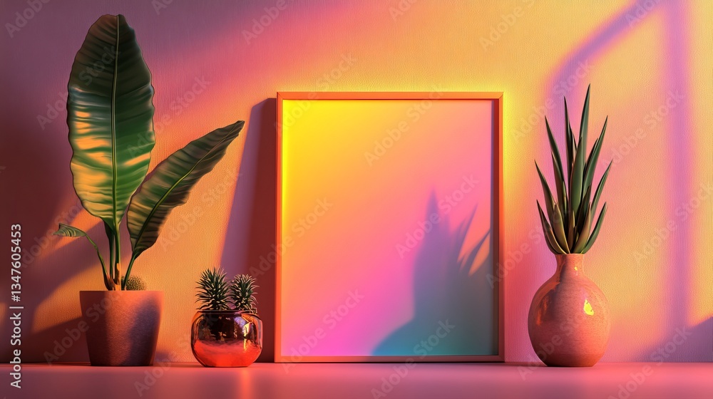 Poster this 3d render presents a minimalist tech background that incorporates a raised square and rainbow i