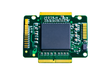 Microchip on green circuit board with golden edges, cut out transparent