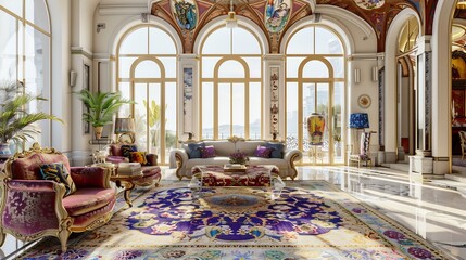 Lavish Mediterranean inspired palace living room grand arched window colorful mosaic tiles ornate furniture white isolated background